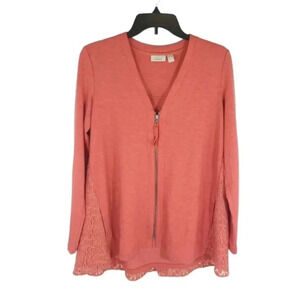 {LOGO Lori Goldstein Lounge} Coral Laced Zippered Loungewear Top